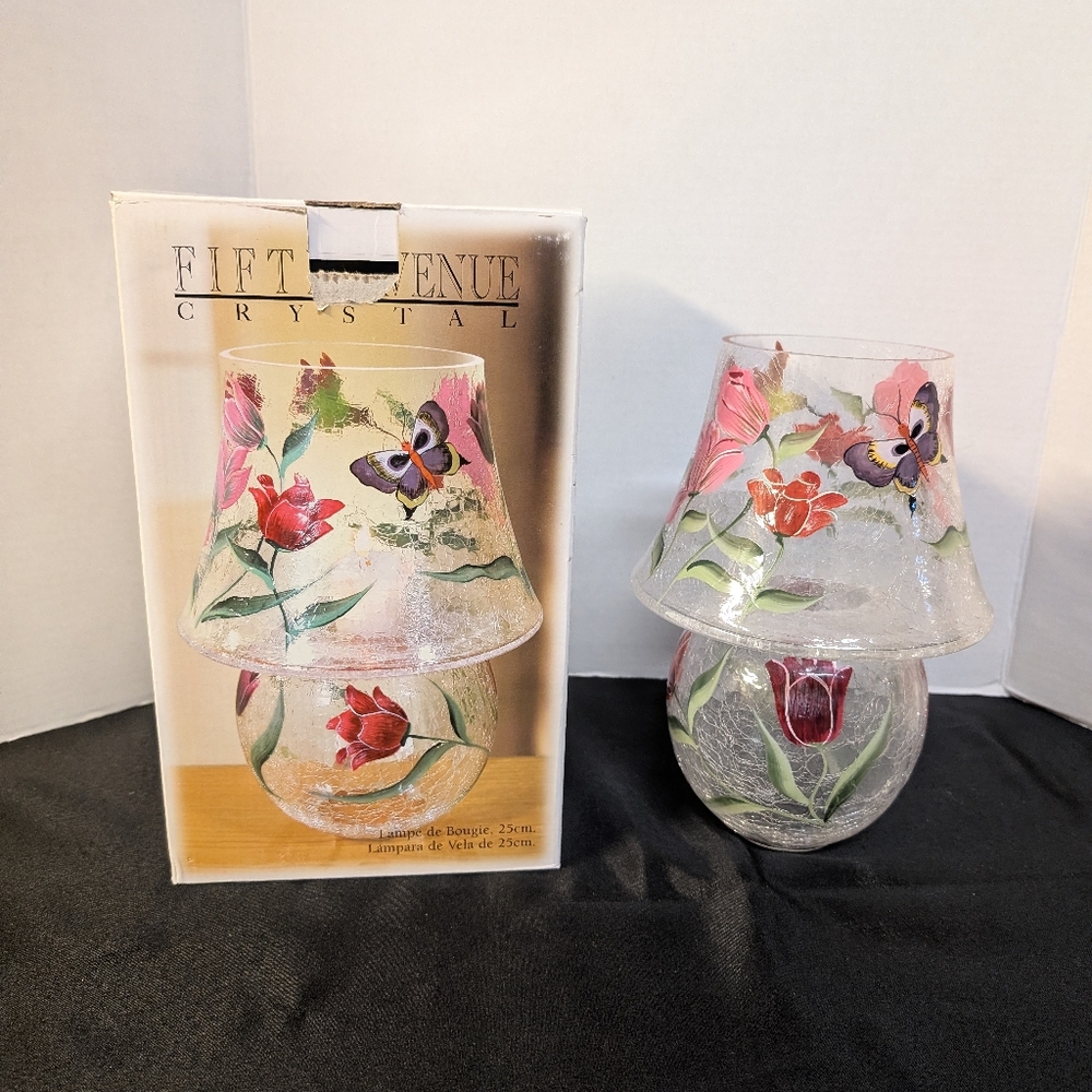 Vintage Fifth Avenue Tulip 10" Candle Lamp Mouthblown Handpainted Crackle Glass
